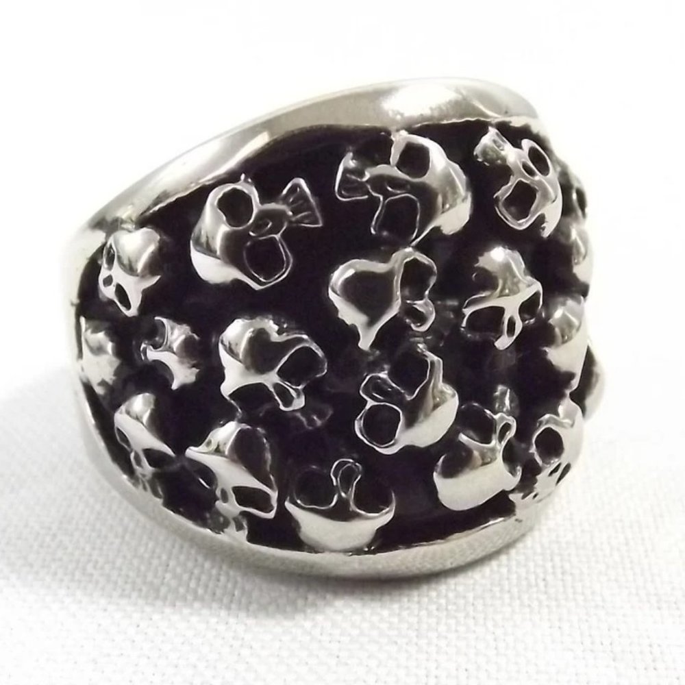 Plus Size Stainless Steel Human Skulls Statement Ring, Size 12.75